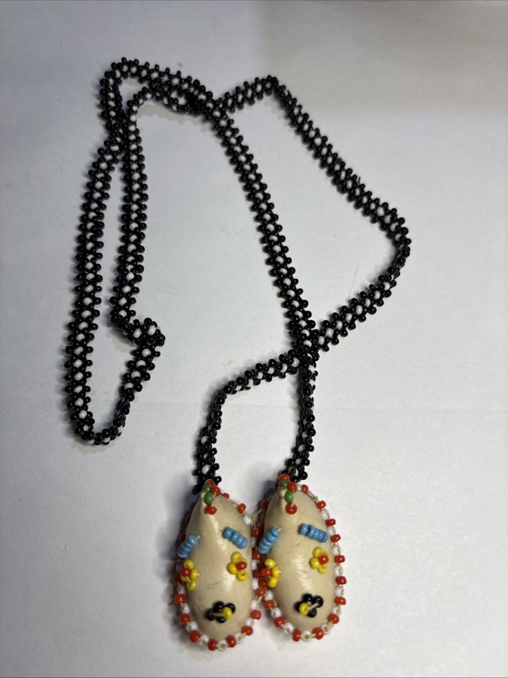 Vintage Miniature Beaded Moccasin Necklace Leather Seed Bead Folk Art Souvenir